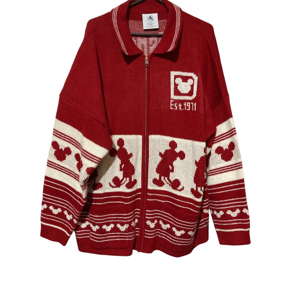 Disney World Spirit Jersey Cardigan Sweater XXL Red Mickey Mouse Full Zip Knit